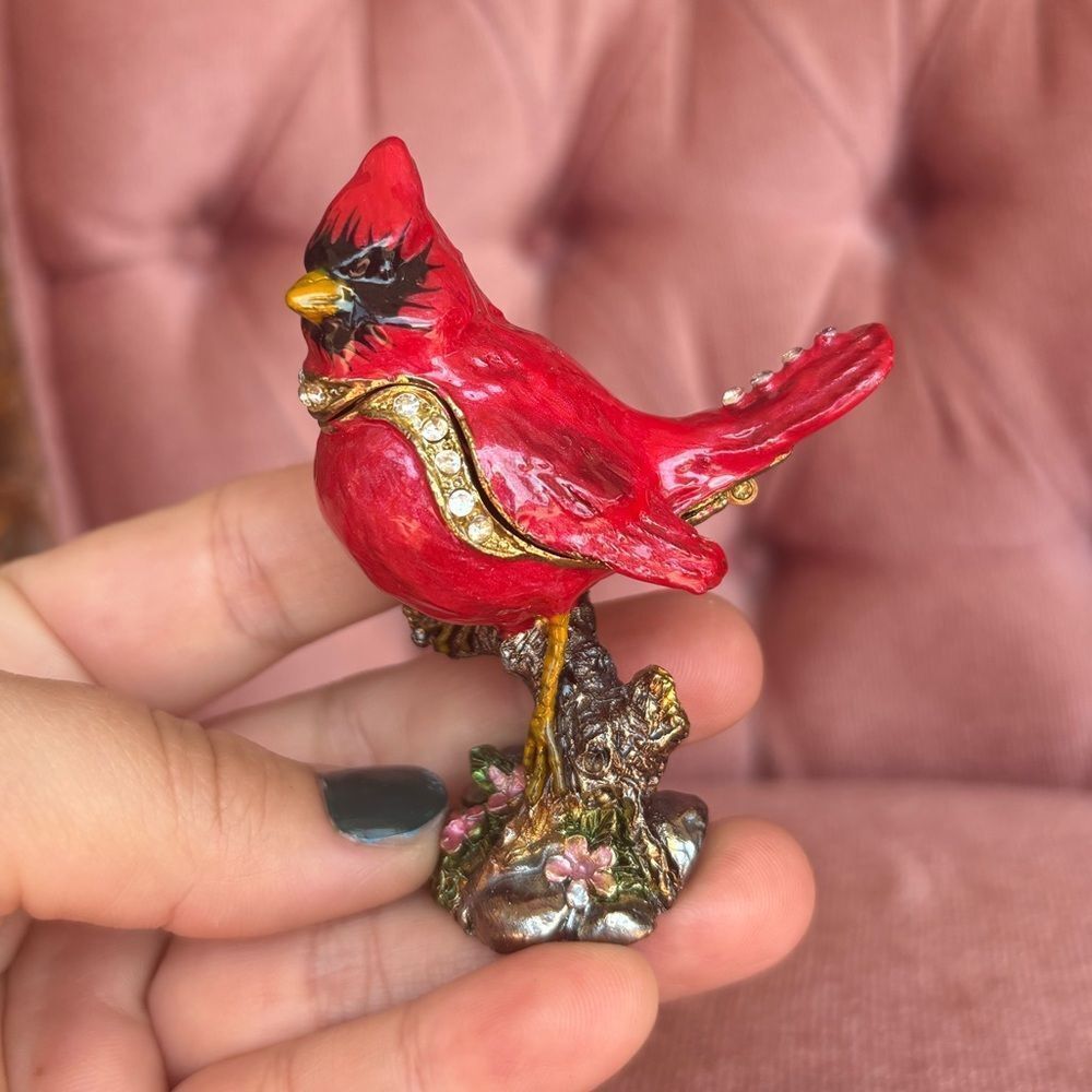 Jeweled Red Cardinal Trinket Box – Enamel Hinged Bird on Branch